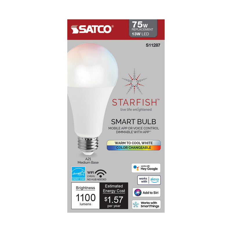 Starfish A21 WiFi Smart LED, 13 Watt, Color-Changing and Tunable White Light Bulb