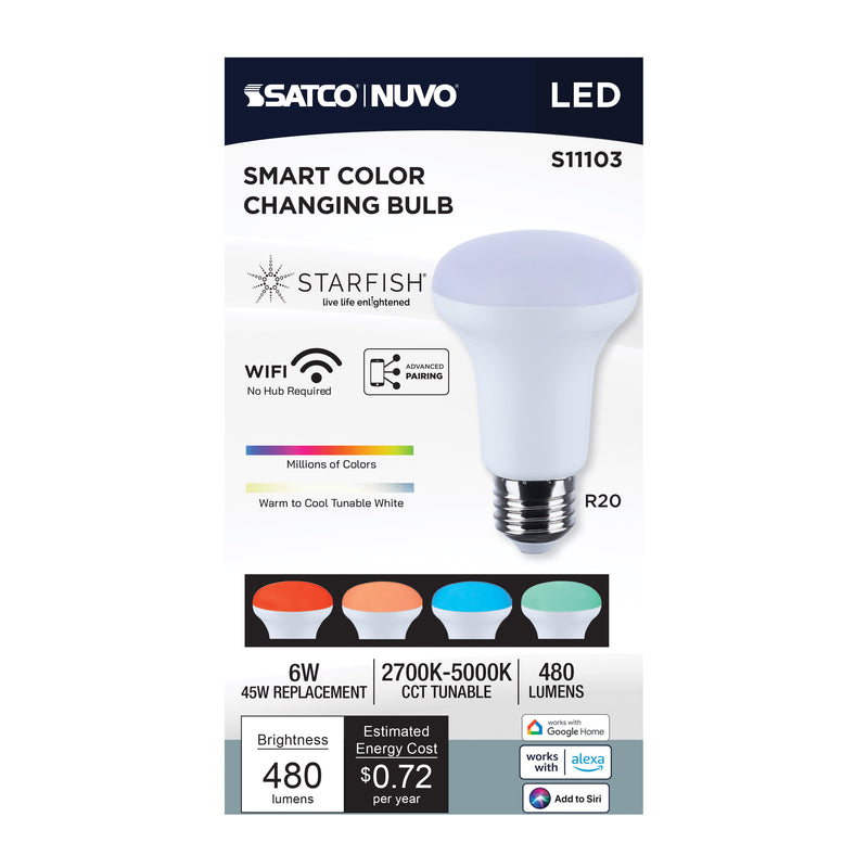 Starfish R20 WiFi Smart LED, 6 Watt, E26 RGBTW & Tunable White Light Bulb