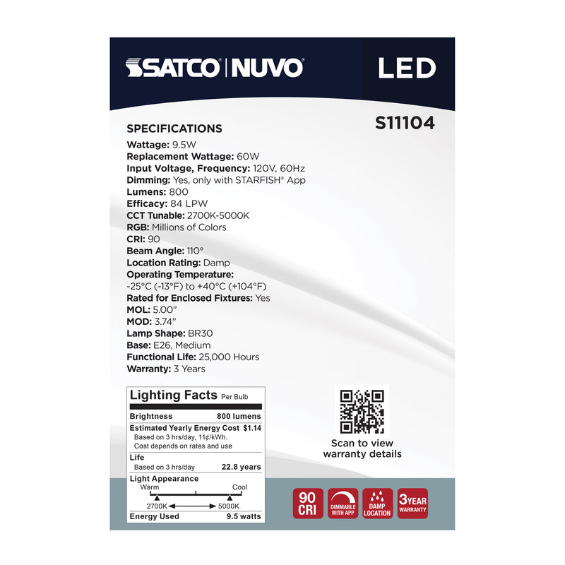 Starfish BR30 WiFi Smart LED, 9.5 Watt, E26 RGBTW Light Bulb