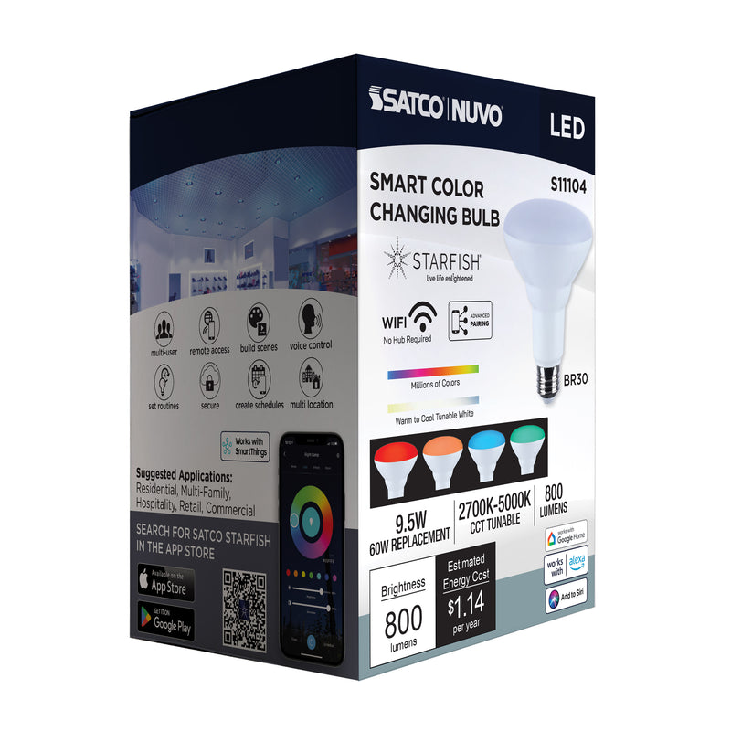 Starfish BR30 WiFi Smart LED, 9.5 Watt, E26 RGBTW Light Bulb