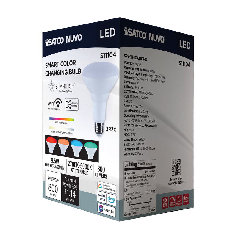 Starfish BR30 WiFi Smart LED, 9.5 Watt, E26 RGBTW Light Bulb