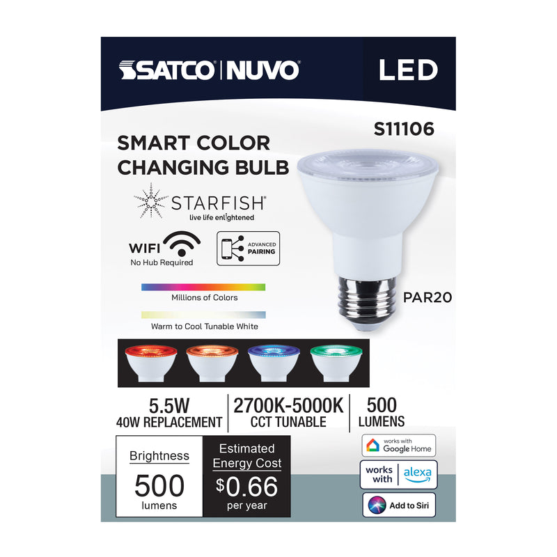 Starfish PAR20 WiFi Smart LED, 5.5 Watt, E26 RGBTW Light Bulb