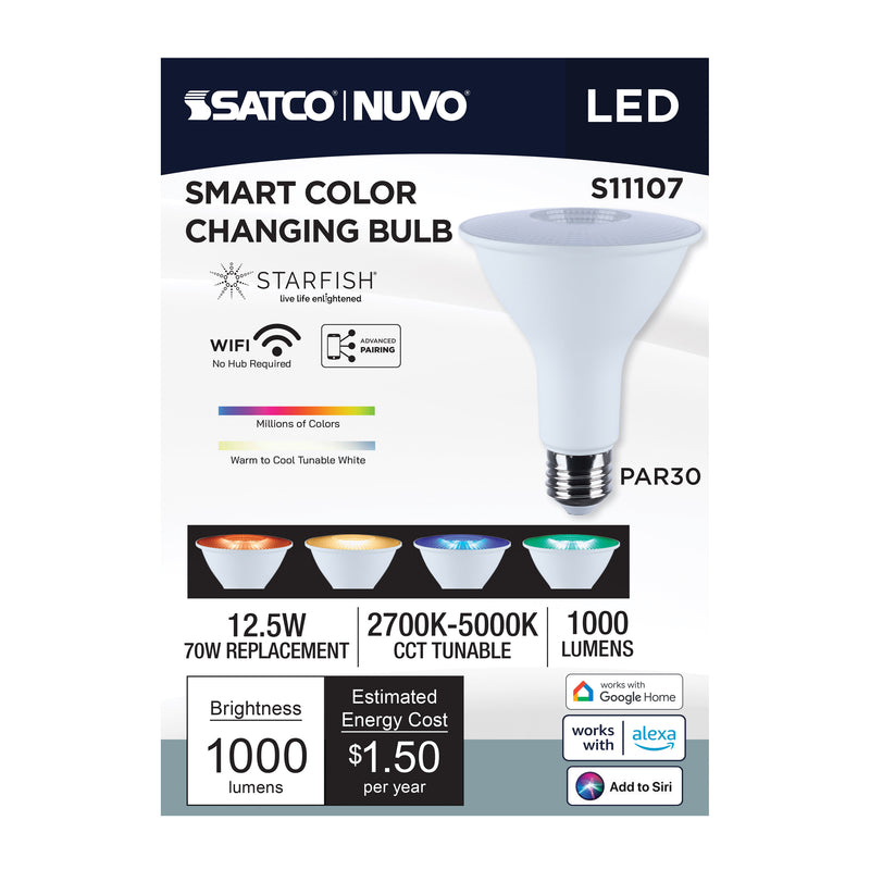 Starfish PAR30 WiFi Smart LED, 12.5 Watt, E26 RGBTW Light Bulb