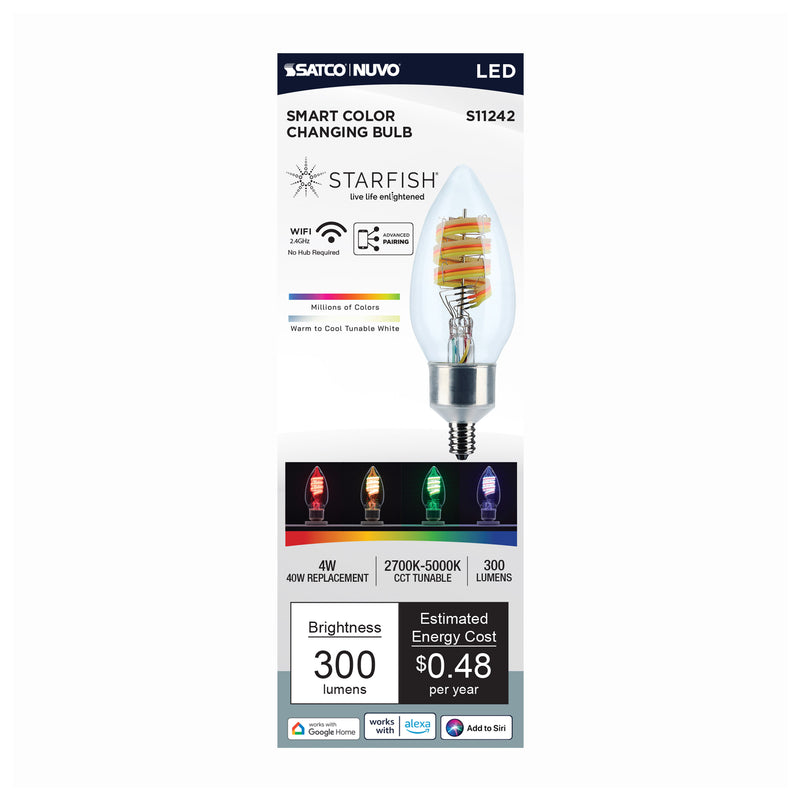 Starfish B11 WiFi Smart LED, 4 Watt, RGB & Tunable White, Candelabra Base Light Bulb