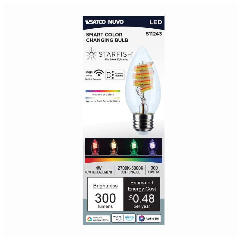 Starfish B11 WiFi Smart LED, 4 Watt, RGB & Tunable White, Medium Base Light Bulb