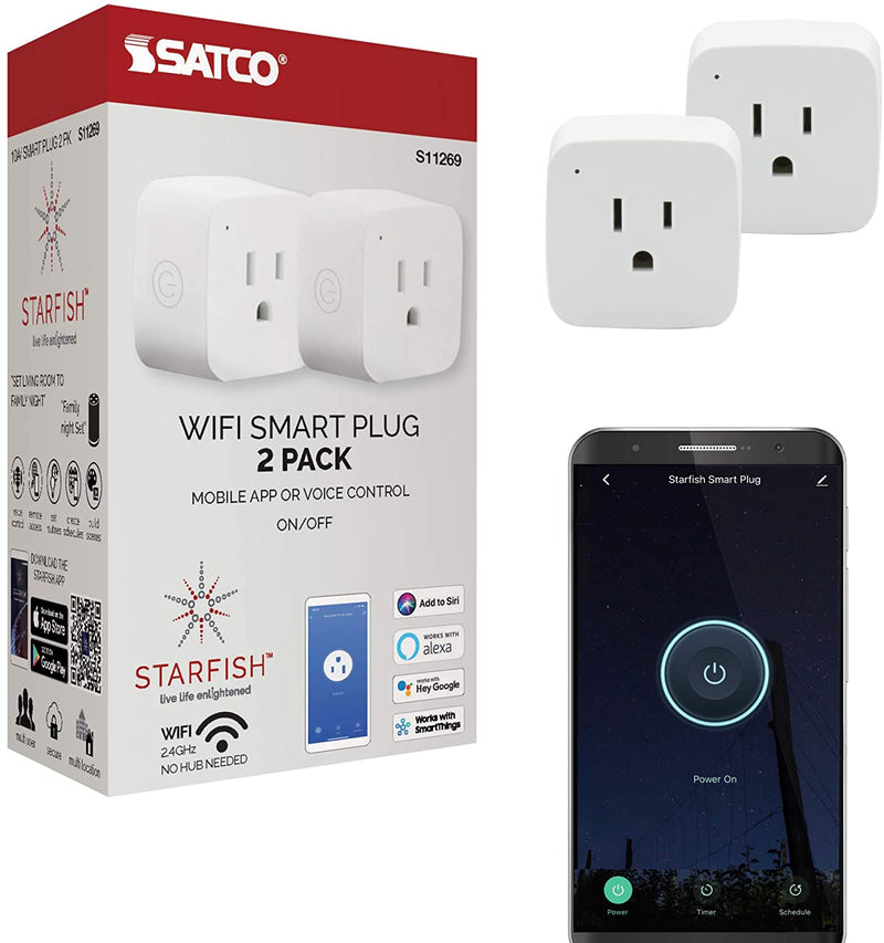 Starfish 10A Mini-Square Wi-Fi On-Off Smart Outlet, 2-Pack