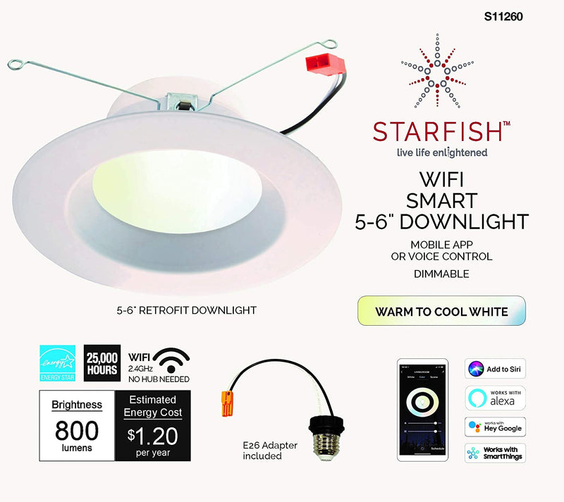 Starfish Retrofit 5-6" WiFi Smart LED, 10 Watt, Tunable White Recessed Downlight