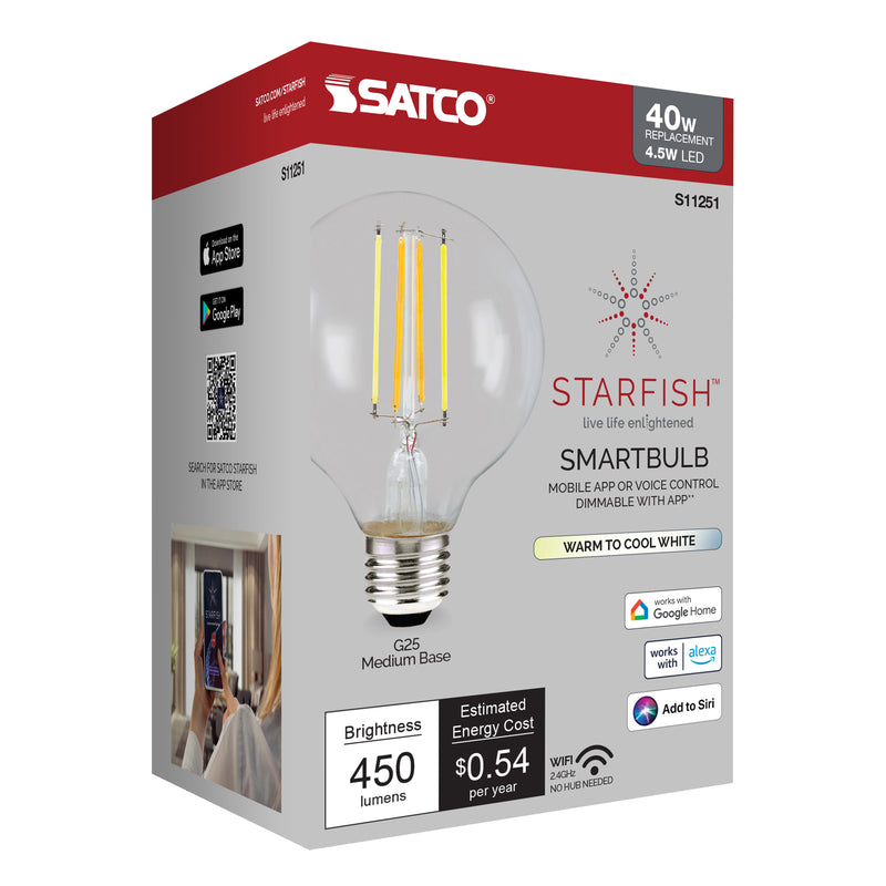 Starfish G25 WiFi Smart LED, 4.5 Watt, Clear Tunable White Light Bulb