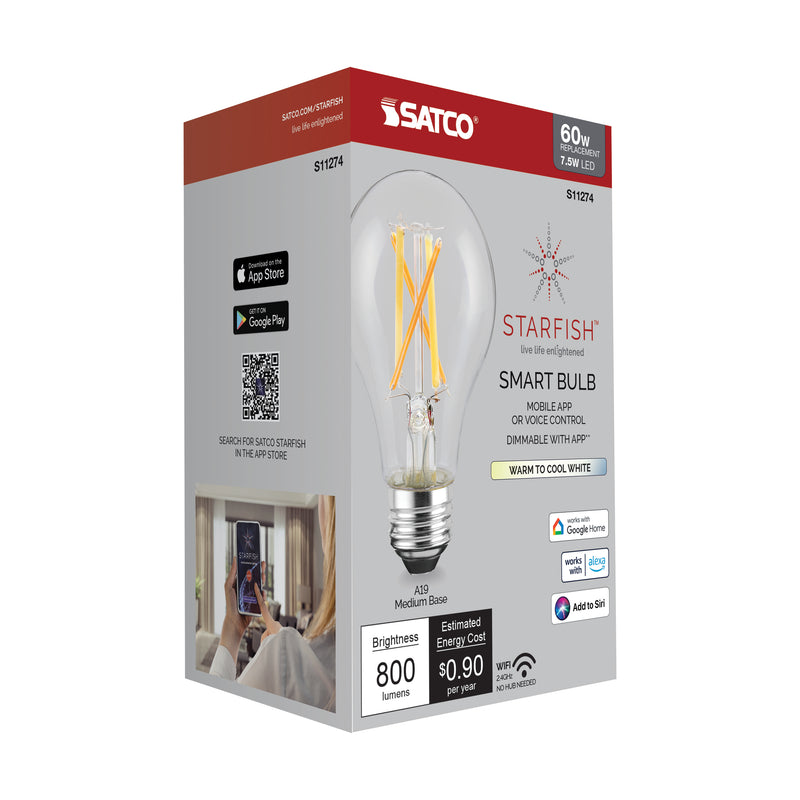 Starfish A19 WiFi Smart LED, 7.5 Watt, Clear Tunable White Filament Bulb