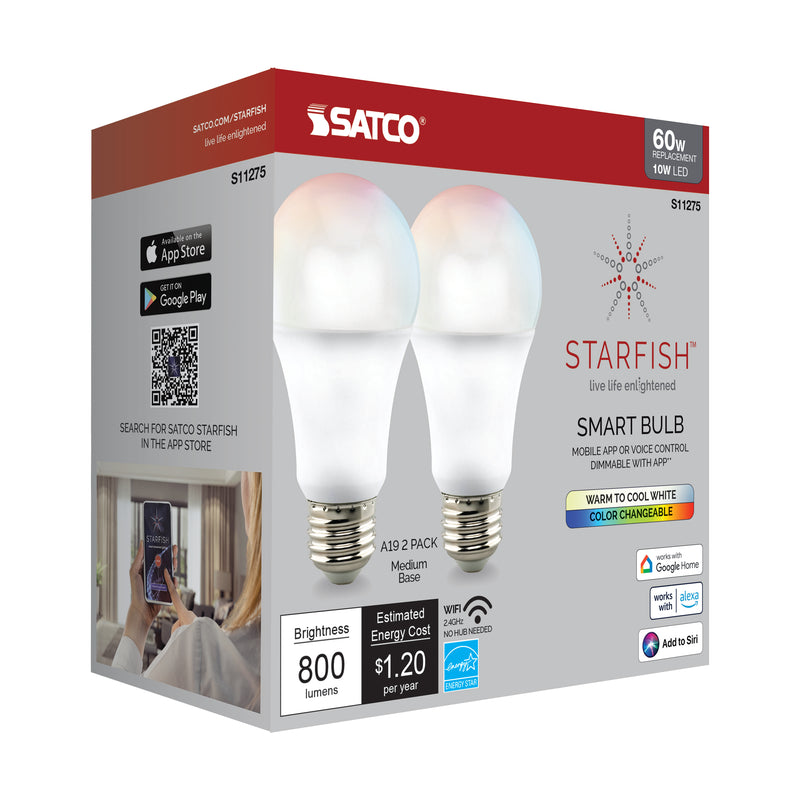 Starfish A19 WiFi Smart LED, 10 Watt, RGBW & Tunable White Light Bulb - 2-Pack
