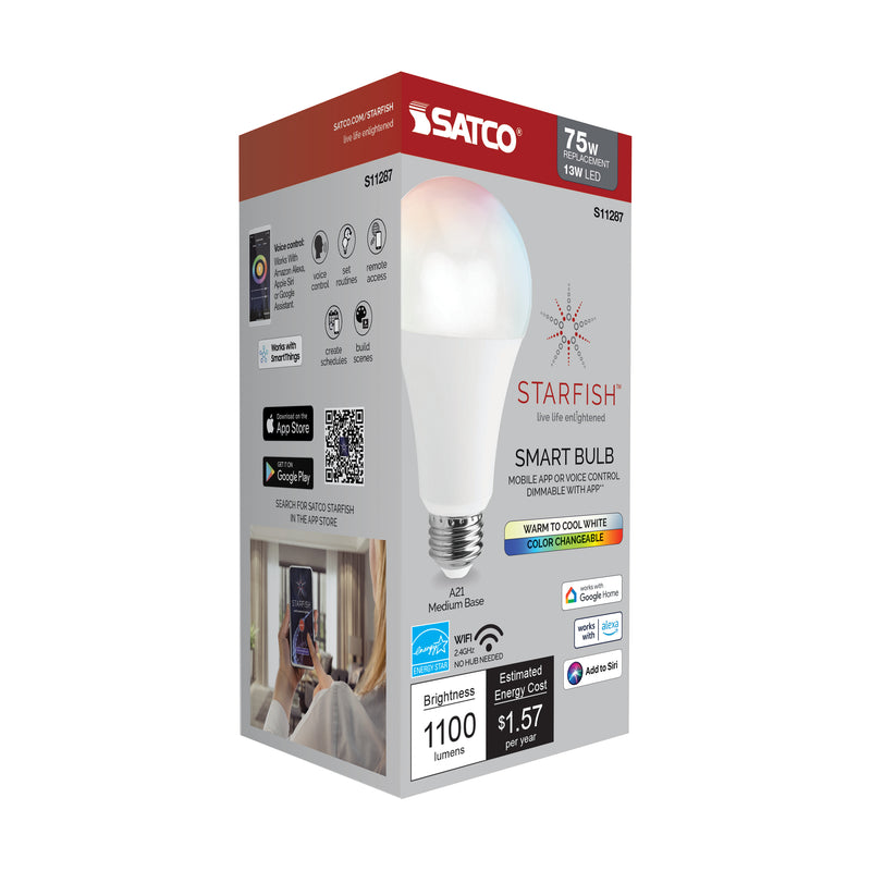 Starfish A21 WiFi Smart LED, 13 Watt, Color-Changing and Tunable White Light Bulb